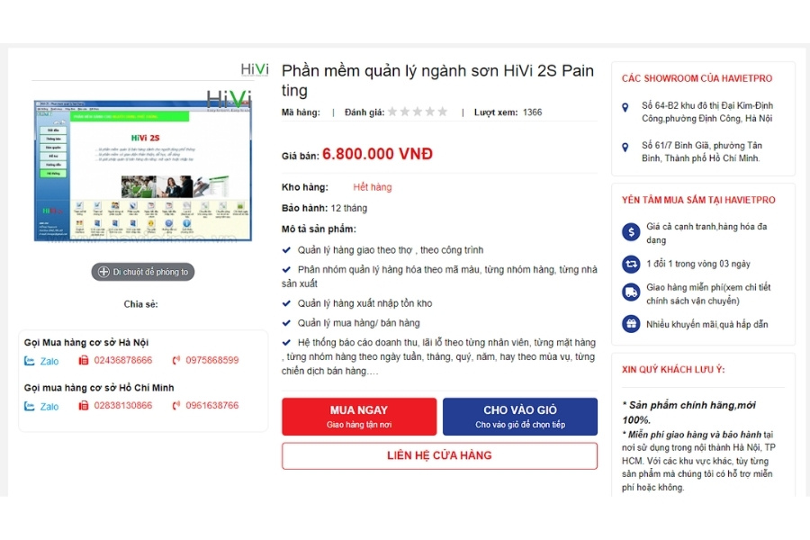 Giao diện thông tin sản phẩm và tính năng phần mềm quản lý ngành sơn HiVi 2S Painting trên website Havietpro.