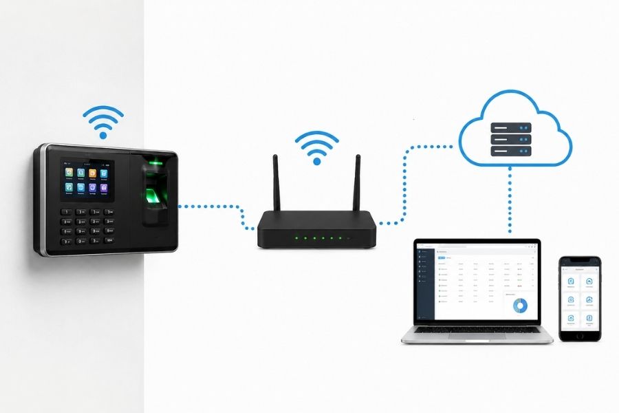 Mô hình kết nối máy chấm công qua Wi-Fi truyền dữ liệu đám mây đến máy tính và điện thoại, giải pháp tối ưu cho văn phòng không muốn đi dây mạng.