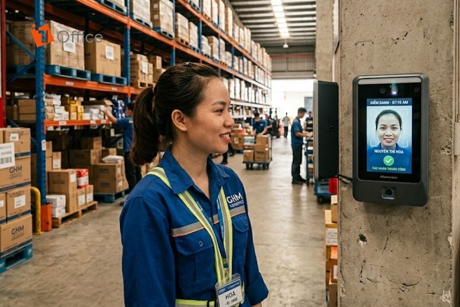 Tối ưu thời gian điểm danh cho nhân viên kho vận bằng hệ thống máy chấm công khuôn mặt Face ID hiện đại.