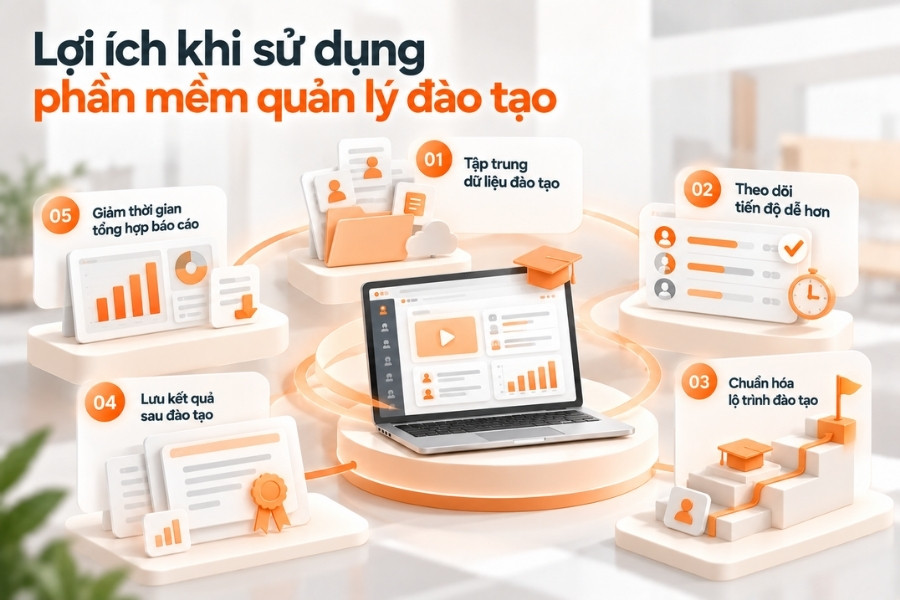 Infographic 5 lợi ích khi sử dụng phần mềm quản lý đào tạo doanh nghiệp từ 1Office.