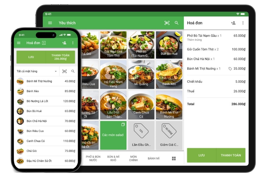Giao diện ứng dụng quản lý bán hàng Loyverse POS hiển thị menu món ăn và hóa đơn trên máy tính bảng và điện thoại di động.