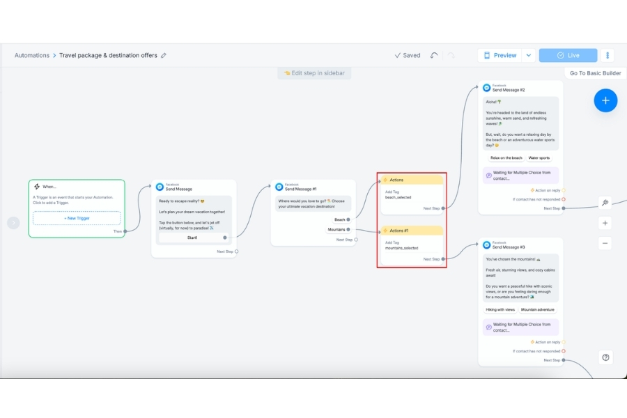 Giao diện thiết kế luồng tin nhắn tự động (Flow Builder) cho Facebook Messenger trên nền tảng ManyChat.