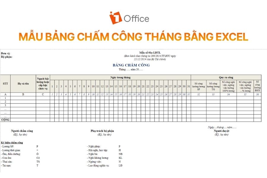 Mẫu bảng chấm công tháng bằng Excel chuẩn Thông tư 200
