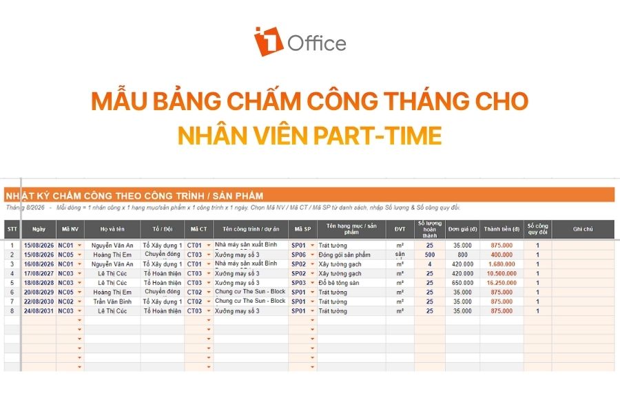Mẫu bảng chấm công tháng dành cho nhân viên part-time, thời vụ giúp theo dõi linh hoạt số giờ làm, ca làm việc và khối lượng hoàn thành.
