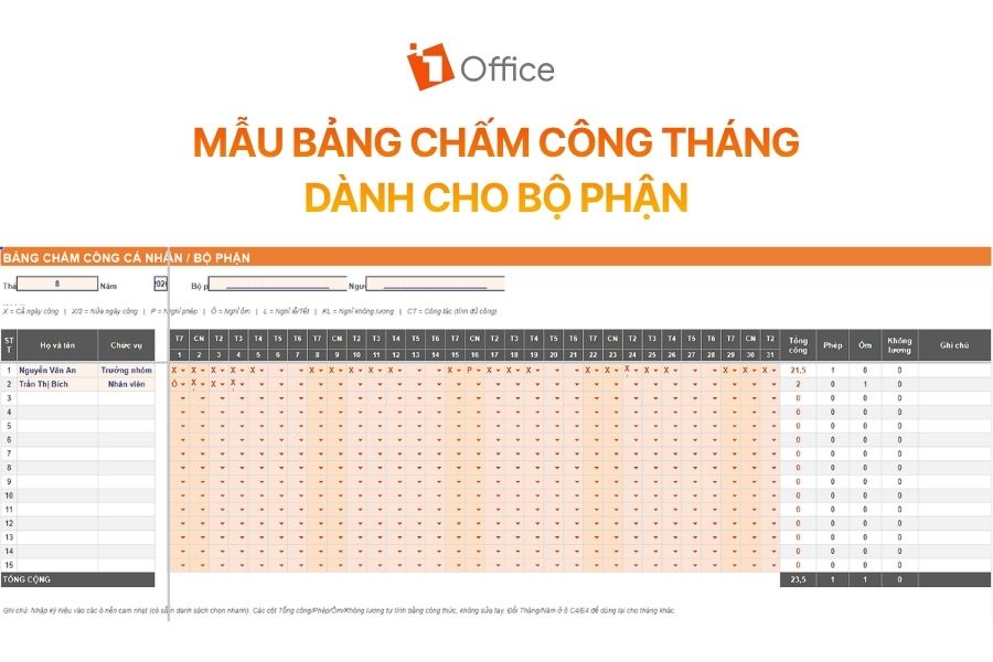 Mẫu bảng chấm công tháng dành riêng cho cá nhân/bộ phận giúp quản lý phòng ban theo dõi công ca chi tiết và chính xác.