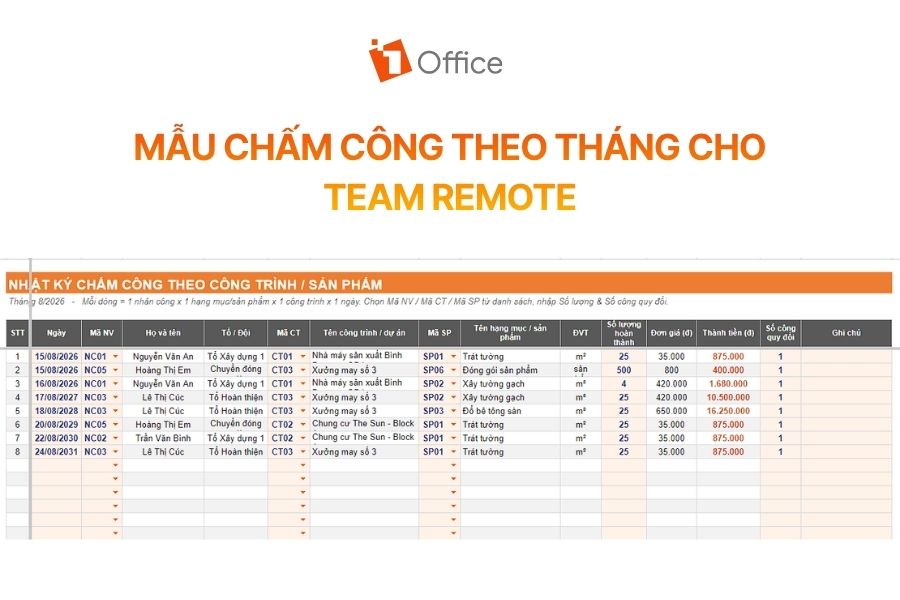 Mẫu bảng chấm công theo tháng dành cho team remote hỗ trợ quản lý, theo dõi ngày công và hiệu suất làm việc từ xa trực quan.