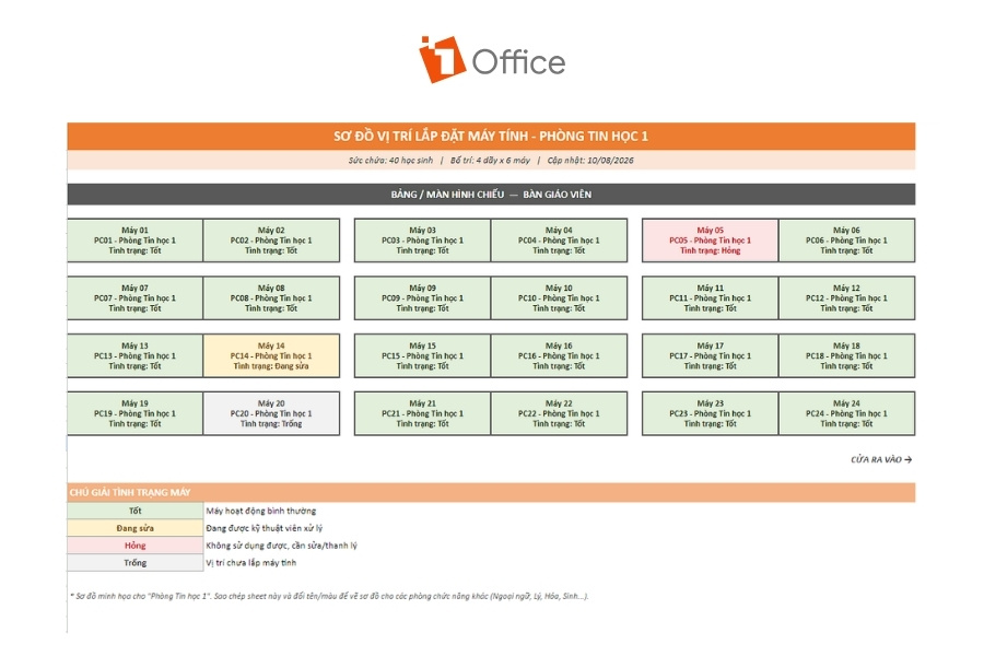 Mẫu bảng Excel sơ đồ vị trí lắp đặt máy tính phòng Tin học và theo dõi tình trạng thiết bị từ 1Office.