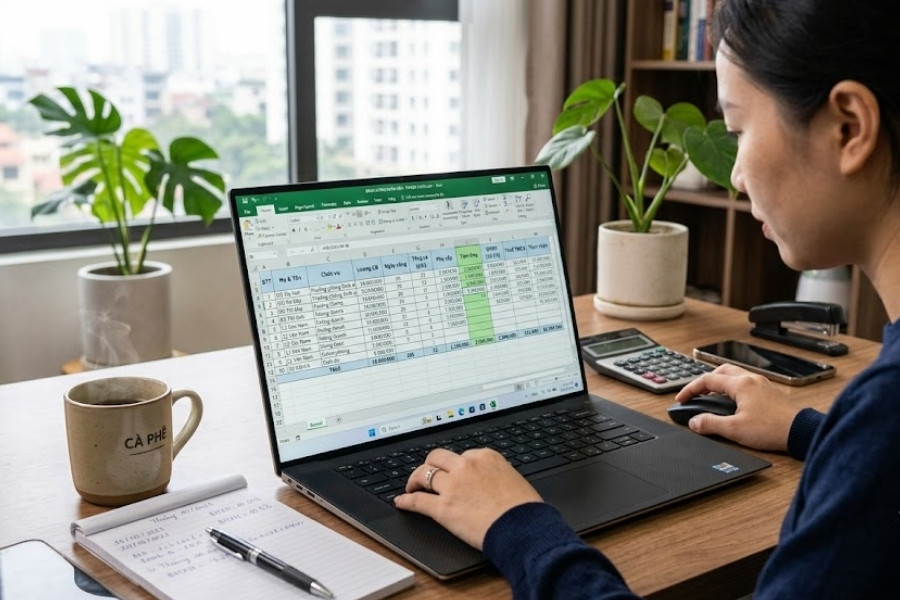 Nhân viên văn phòng xử lý bảng lương bằng file Excel thủ công trên máy tính.