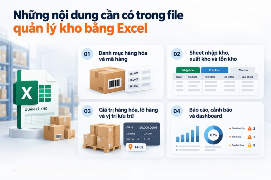 Infographic tổng hợp 4 thành phần nội dung cần có trong file quản lý kho bằng Excel