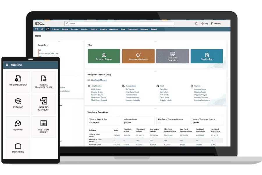 Giao diện quản lý kho trên laptop và ứng dụng di động của Oracle NetSuite WMS - giải pháp quản lý kho hàng điện toán đám mây cao cấp.