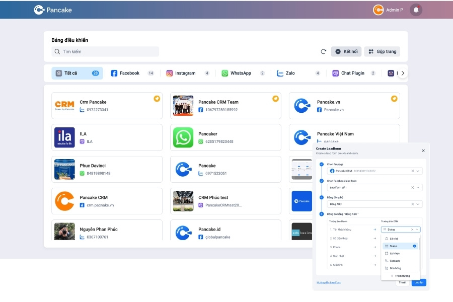 Giao diện bảng điều khiển kết nối đa kênh Facebook, Zalo, Instagram trên hệ thống Pancake.