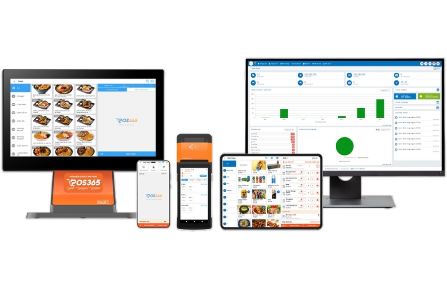 Giao diện phần mềm POS365 vận hành trên nền tảng điện toán đám mây hiển thị đồng bộ trên nhiều thiết bị bán hàng.