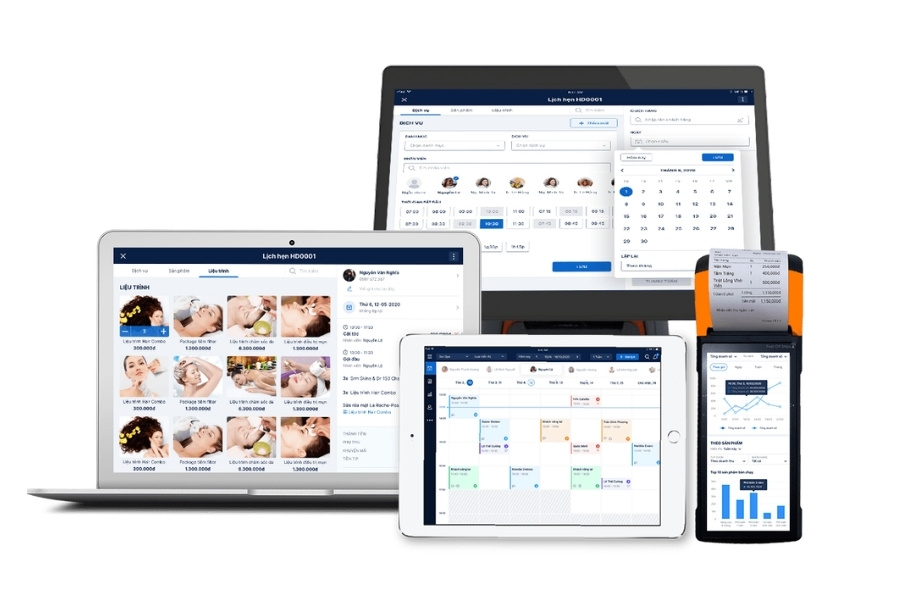 Giao diện phần mềm quản lý salon, spa PosApp đồng bộ đa thiết bị trên máy tính, laptop, máy tính bảng và máy POS cầm tay.