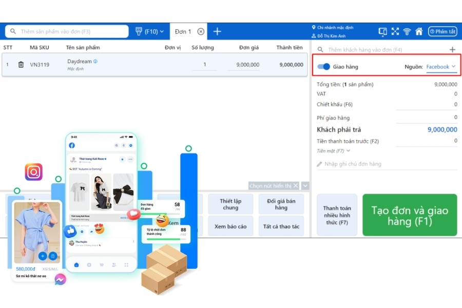 Giao diện tạo đơn hàng bán hàng đa kênh từ Facebook trên phần mềm Sapo POS.