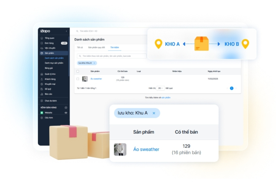 Giao diện quản lý danh sách sản phẩm và chuyển kho trên phần mềm Sapo POS hỗ trợ bán hàng đa kênh.