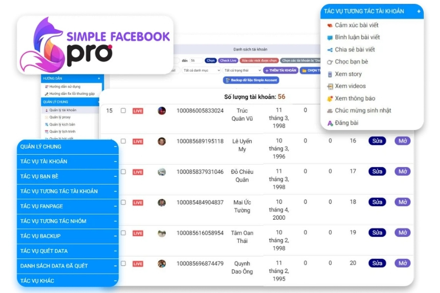 Giao diện quản lý tài khoản và tự động hóa tác vụ tương tác trên phần mềm Simple Facebook Pro.