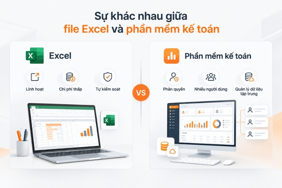 Infographic so sánh sự khác nhau giữa file Excel và phần mềm kế toán chuyên dụng từ 1Office.
