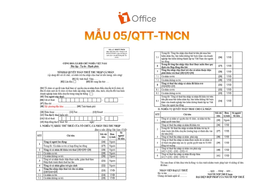 Mẫu 05/QTT-TNCN tờ khai quyết toán thuế thu nhập cá nhân áp dụng cho tổ chức, cá nhân trả thu nhập từ tiền lương, tiền công của 1Office.