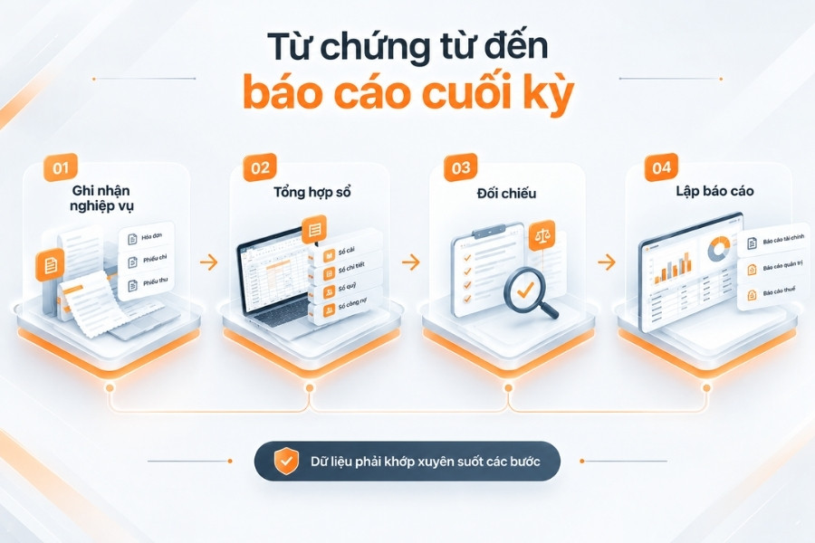 Infographic quy trình 4 bước từ chứng từ đến báo cáo cuối kỳ trong kế toán doanh nghiệp từ 1Office.