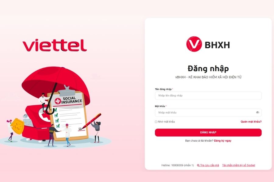 Giao diện đăng nhập phần mềm vBHXH – hệ thống kê khai bảo hiểm xã hội điện tử do Viettel phát triển.