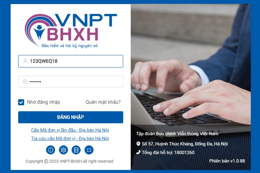 Giao diện màn hình đăng nhập phần mềm kê khai bảo hiểm xã hội điện tử VNPT BHXH do Tập đoàn VNPT phát triển.
