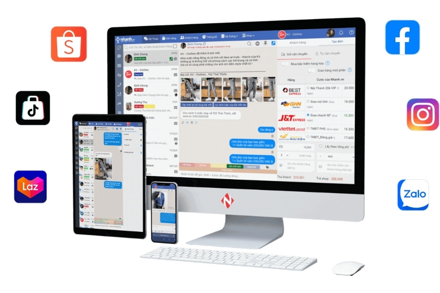 Giao diện giải pháp Vpage (Nhanh.vn) hỗ trợ quản lý bán hàng Fanpage và kết nối đa nền tảng trên máy tính, điện thoại.