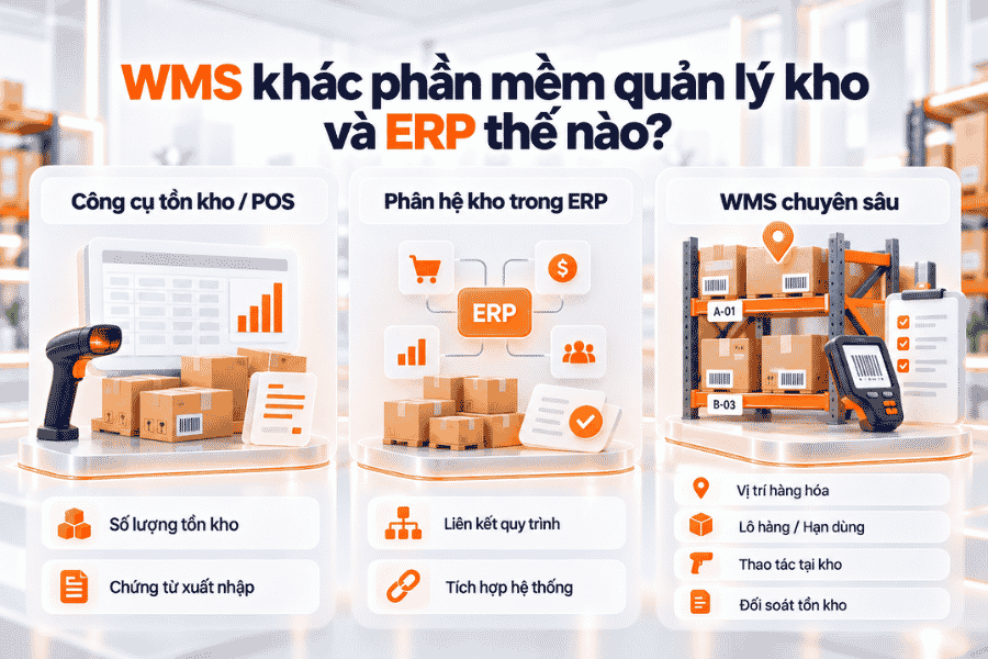 WMS khác phần mềm quản lý kho và ERP thế nào?