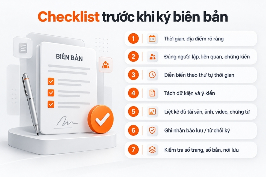 Infographic checklist 7 điểm cần kiểm tra trước khi ký biên bản từ 1Office.