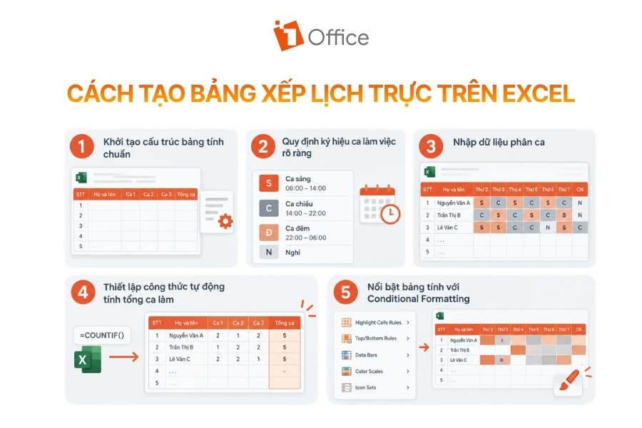 Infographic sơ đồ 5 bước hướng dẫn chi tiết cách tạo bảng xếp lịch trực trên Excel từ 1Office.