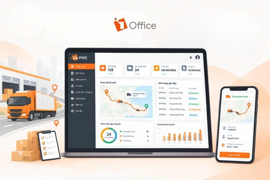 Giao diện quản lý vận tải Logistics FMS trên máy tính và điện thoại thông minh từ 1Office.