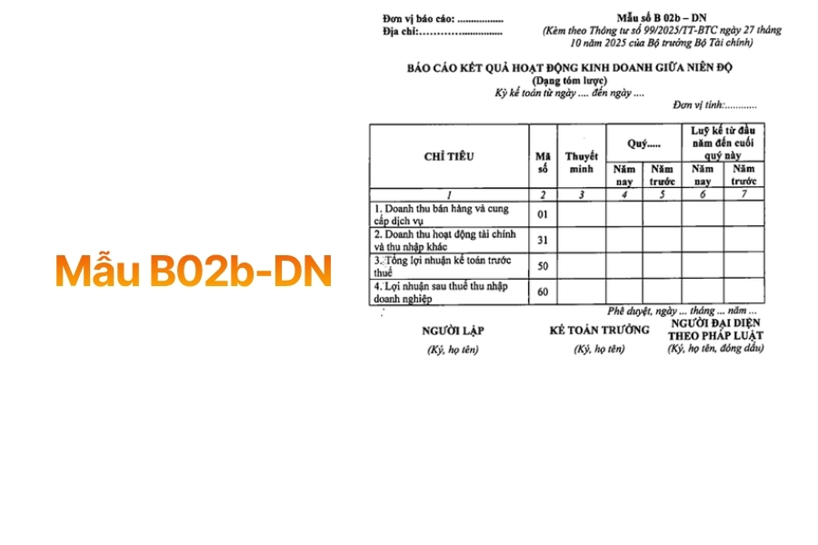 Mẫu B02b-DN báo cáo kết quả hoạt động kinh doanh giữa niên độ dạng tóm lược theo quy định từ 1Office.