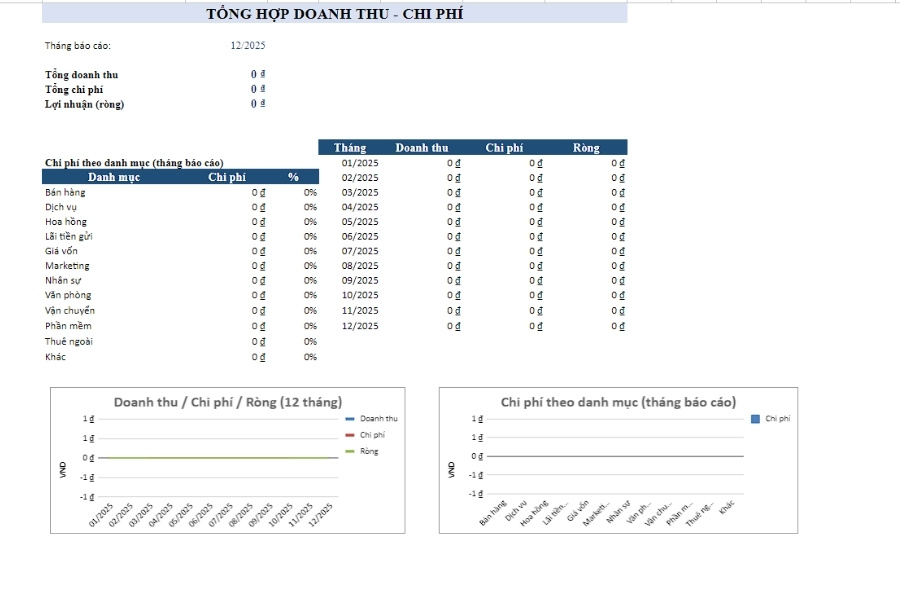 Mẫu bảng tổng hợp Doanh thu - Chi phí trên Excel theo dõi theo tháng tích hợp biểu đồ trực quan
