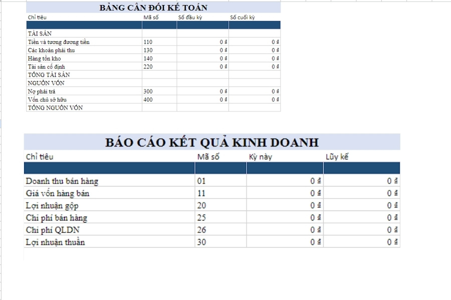 Mẫu báo cáo tài chính Excel tích hợp Bảng cân đối kế toán và Báo cáo kết quả kinh doanh