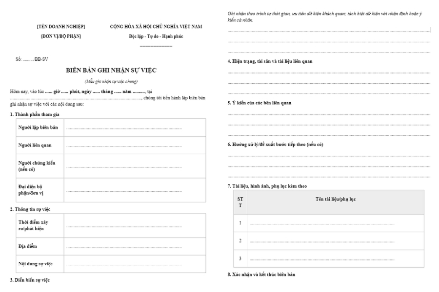 Mẫu biên bản ghi nhận sự việc