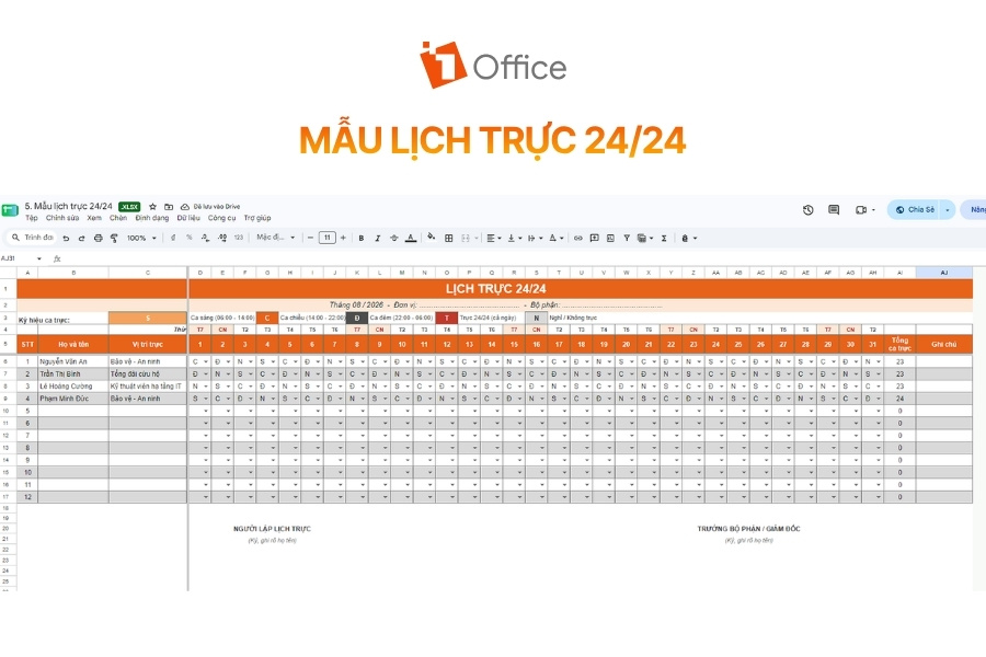 Mẫu bảng lịch trực 24/24 cho các vị trí trực liên tục theo tháng trên Google Sheets từ 1Office.