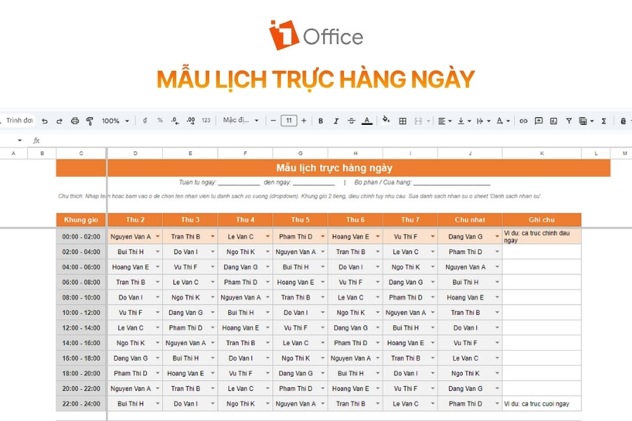 Mẫu bảng lịch trực hàng ngày theo các khung giờ trong tuần bằng phần mềm Google Sheets từ 1Office.