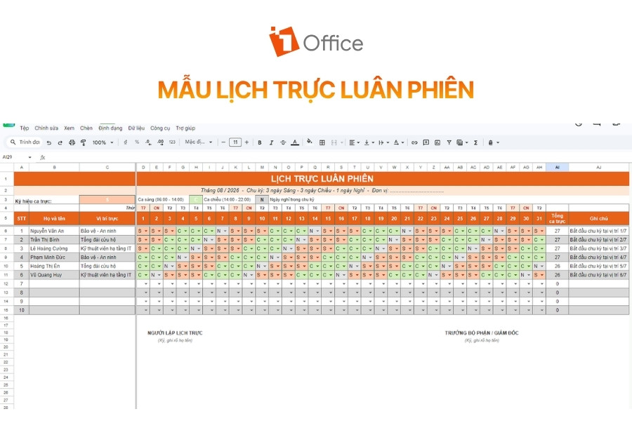 Mẫu bảng lịch trực luân phiên theo chu kỳ cho nhân viên trên Google Sheets từ 1Office.