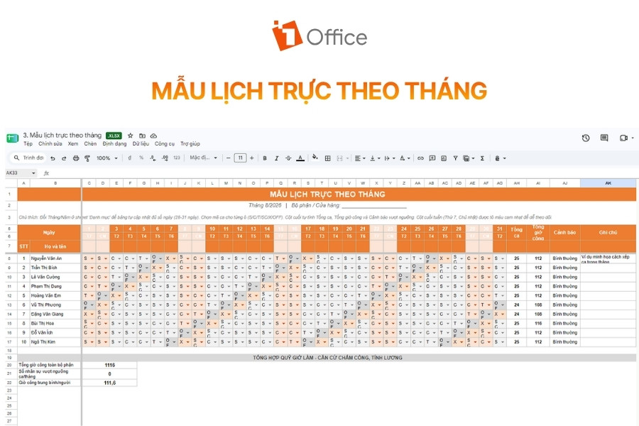 Mẫu bảng lịch trực theo tháng tổng hợp giờ làm và ca trực của nhân viên trên Google Sheets từ 1Office.