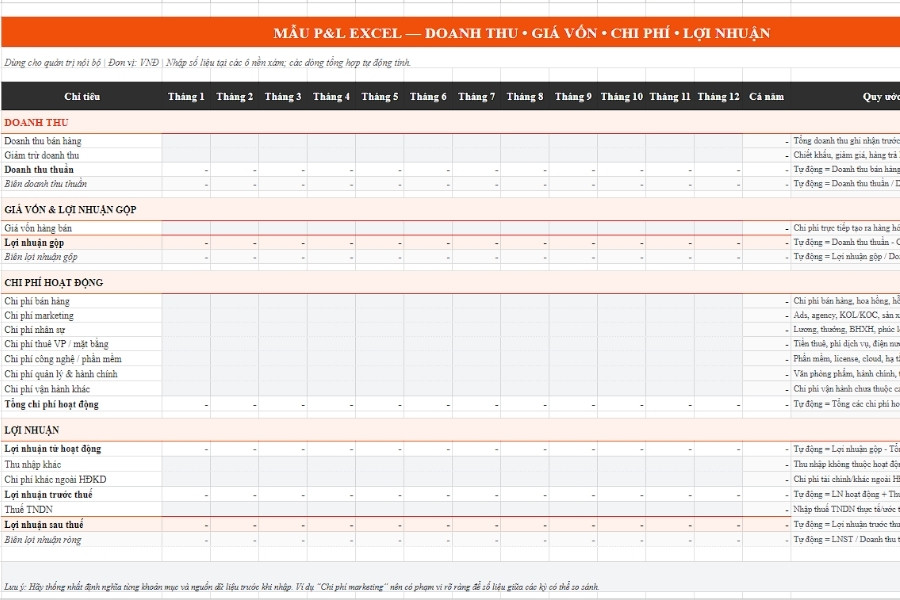 Mẫu bảng tính P&L Excel quản trị nội bộ chi tiết theo 12 tháng