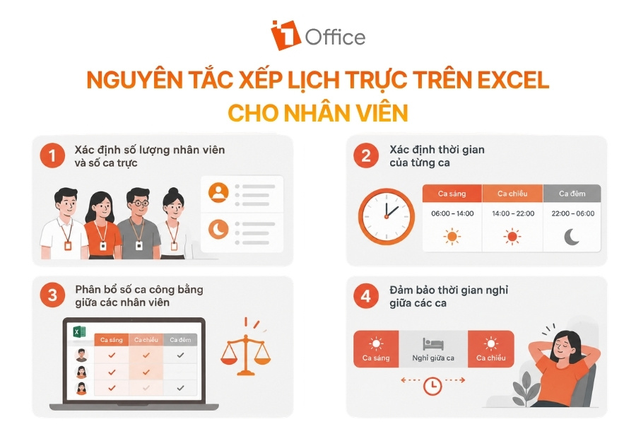 Infographic 4 nguyên tắc xếp lịch trực trên Excel cho nhân viên từ 1Office.