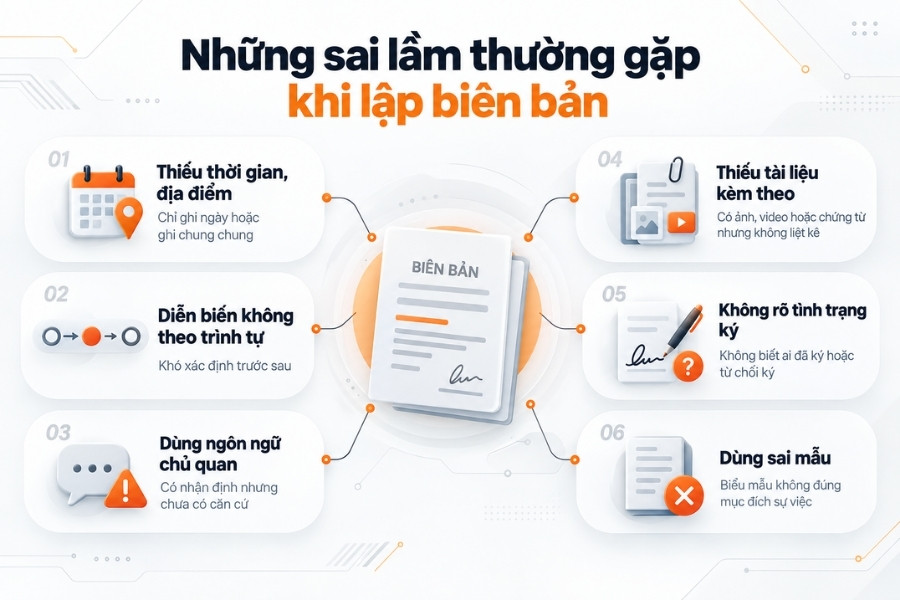 Infographic sơ đồ 6 sai lầm thường gặp khi lập biên bản trong xử lý vụ việc doanh nghiệp