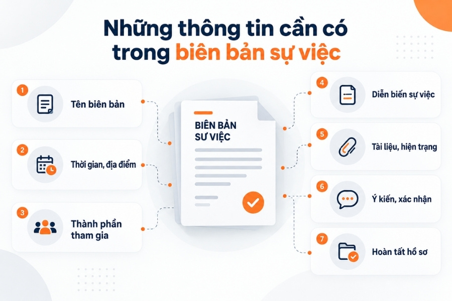 Infographic sơ đồ 7 thành phần thông tin bắt buộc cần có trong biên bản sự việc