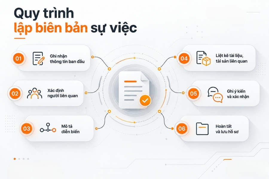 Infographic sơ đồ 6 bước quy trình lập biên bản sự việc chuẩn hóa trong doanh nghiệp từ 1Office.