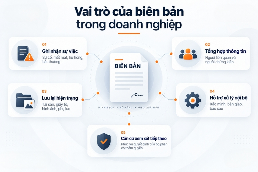 Infographic sơ đồ 5 vai trò của biên bản trong quản trị và xử lý vụ việc doanh nghiệp