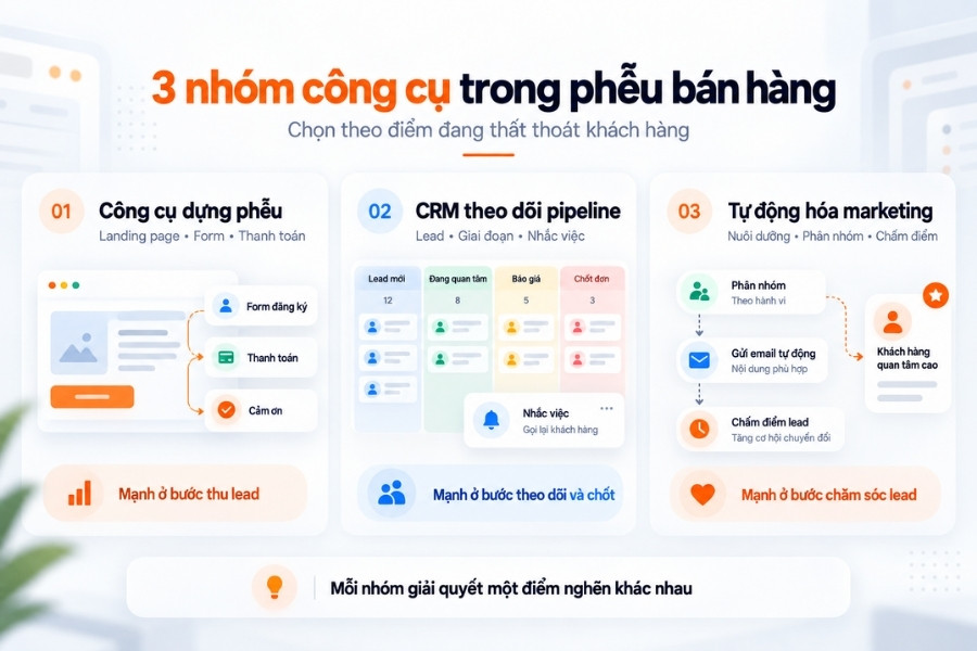 Ba nhóm công cụ giải quyết ba điểm nghẽn khác nhau trong phễu