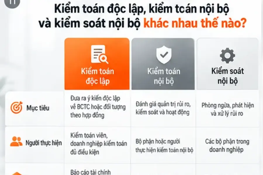 Phân biệt kiểm toán độc lập, kiểm toán nội bộ và kiểm soát nội bộ
