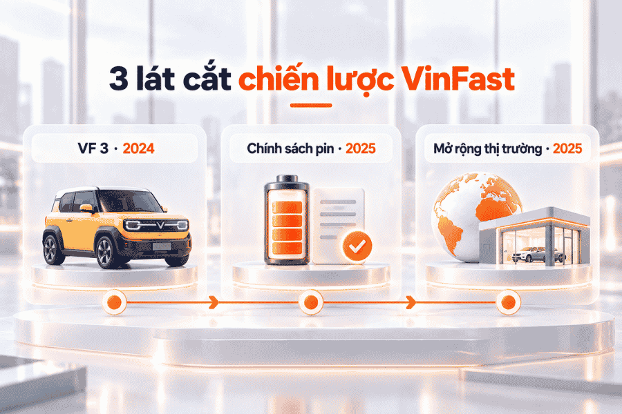 Ba giai đoạn phân tích chiến lược VinFast từ mở bán VF 3 đến mở rộng thị trường.