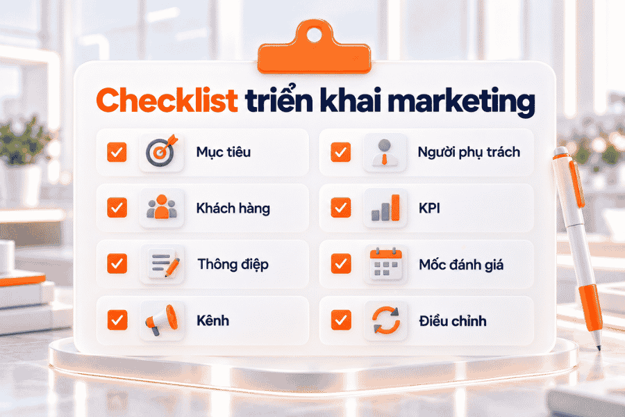 Tám nội dung cần xác định trước khi triển khai và đánh giá kế hoạch marketing.