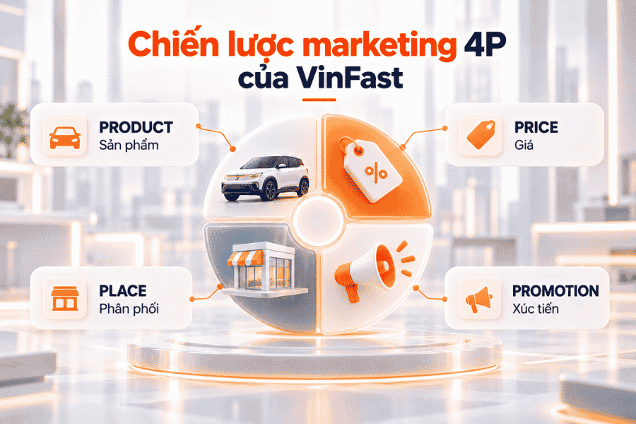 Bốn yếu tố Product, Price, Place và Promotion trong chiến lược marketing VinFast.