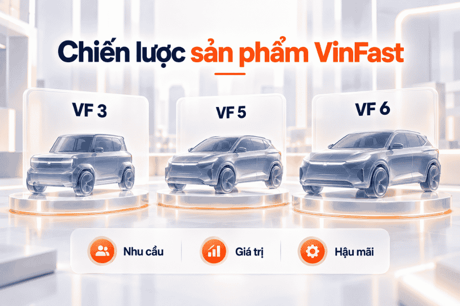 Minh họa danh mục VF 3, VF 5 và VF 6 theo nhu cầu, giá trị và hậu mãi.